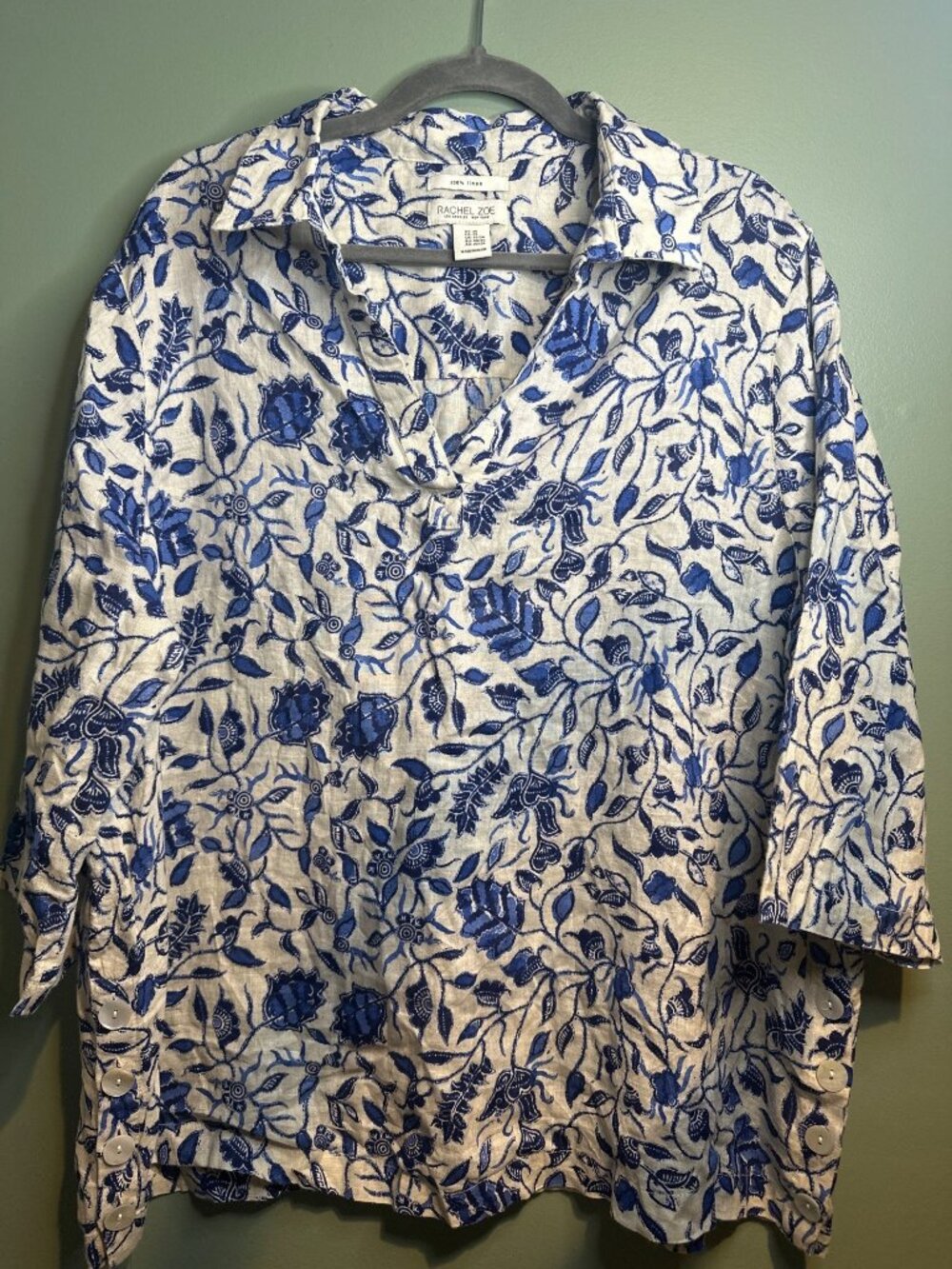 Zoe Womens 2X Linen Blue White Floral Button Front Blouse Boho Cottagecore Top